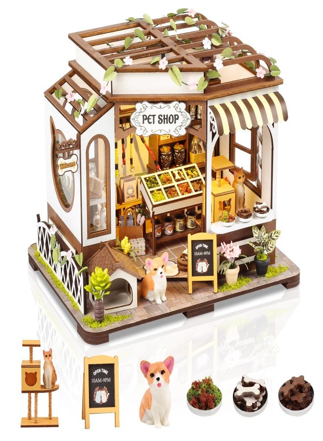 FLYNOVA DIY Miniature House Kit,Pet Shop Dollhouse Miniature Kit with LED & Furniture,Mini Diorama House Building Kit for Adults Teens,3D Wooden Crafts Tiny House Mini Model Kit,Home Decor Birthday Gifts - Image 1